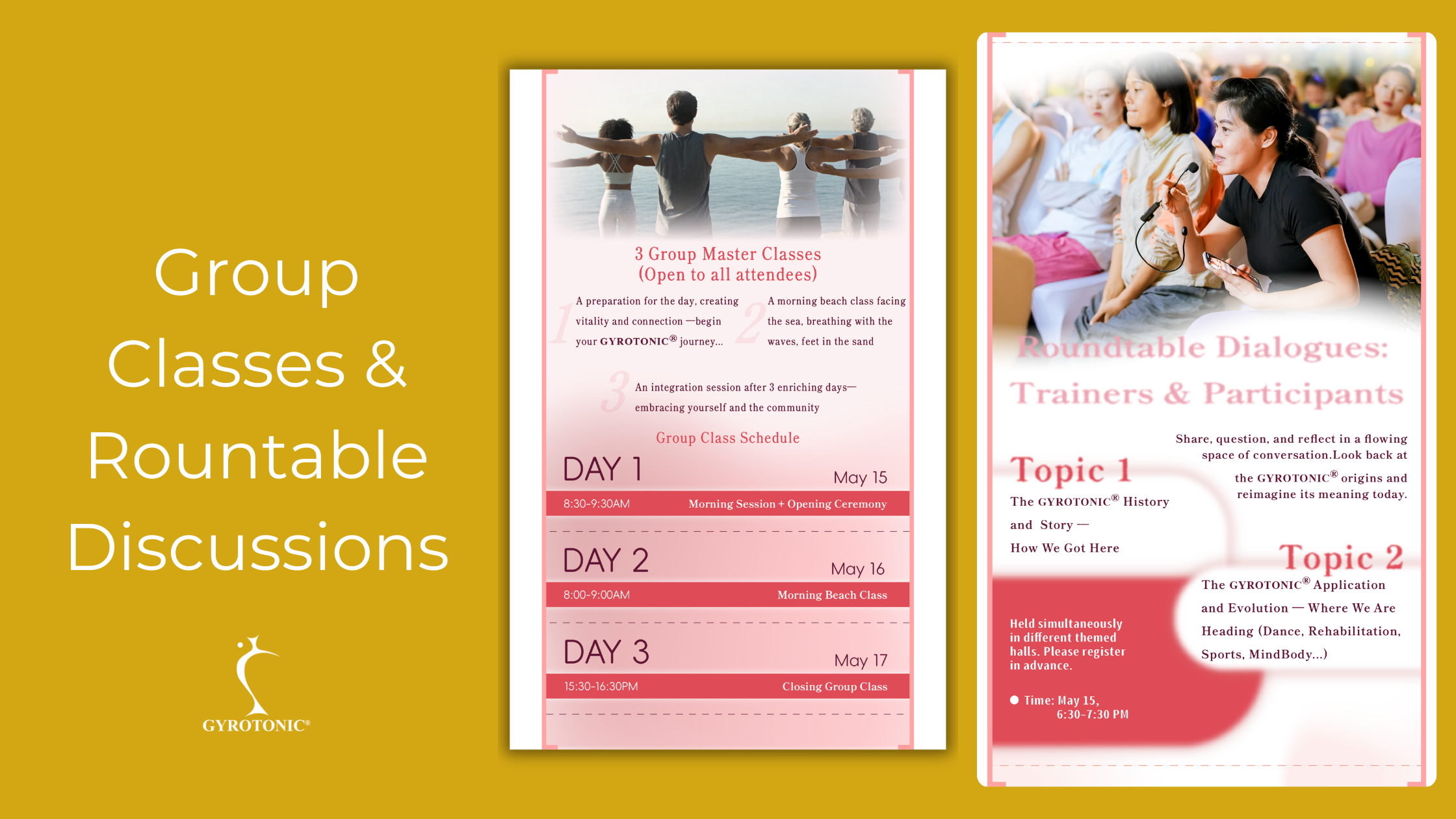 Graphic that shares the GYROTONIC® and GYROKINESIS® International Summit schedule of group classes and roundtable discussions